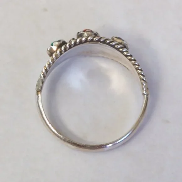 Sterling Silver Turquoise & Coral Trio Ring, Sz 5.5 — Southwest twist-wire - Picture 6 of 13